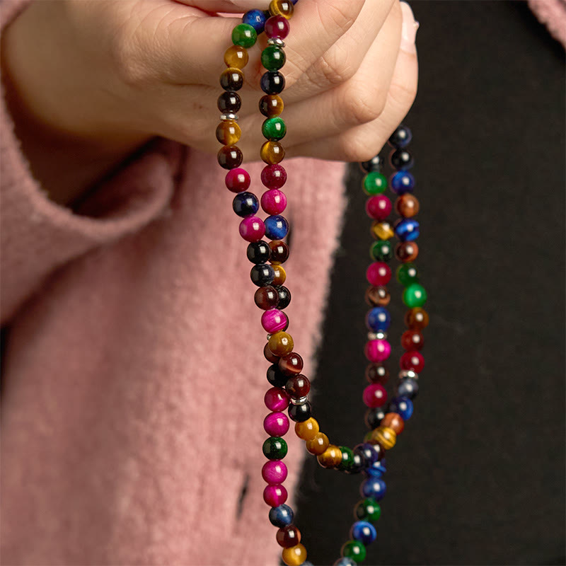 Wear FengShui 108 Mala Beads Natural Colorful Tiger Eye Stone Multi-turn Protection Bracelet