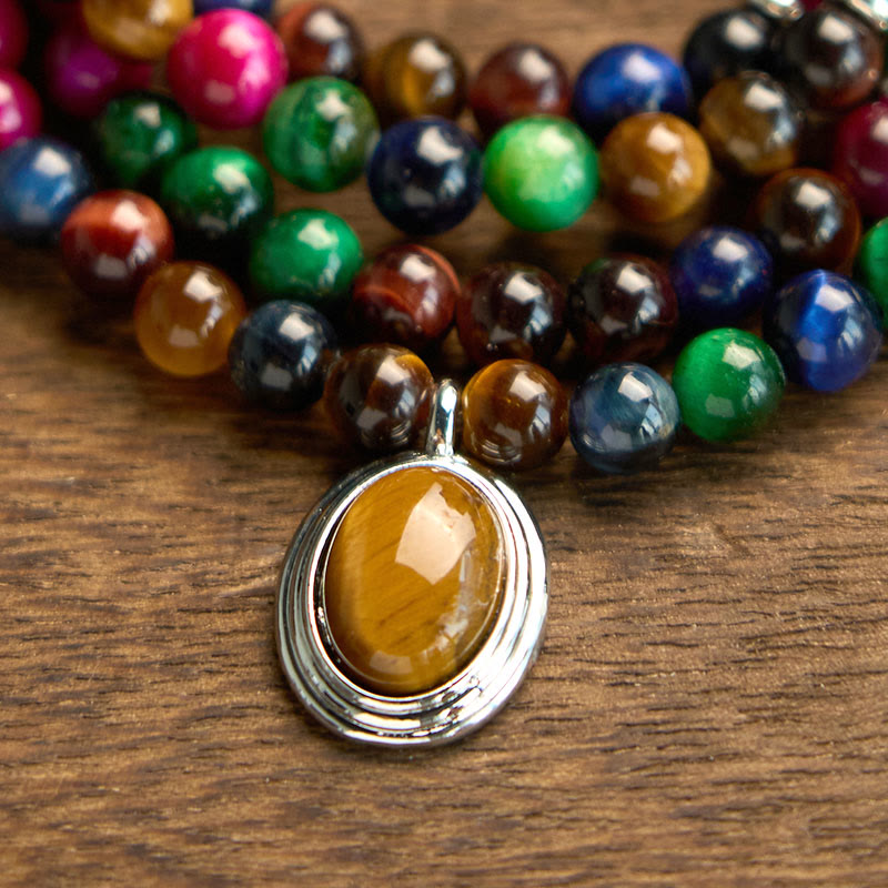 Wear FengShui 108 Mala Beads Natural Colorful Tiger Eye Stone Multi-turn Protection Bracelet