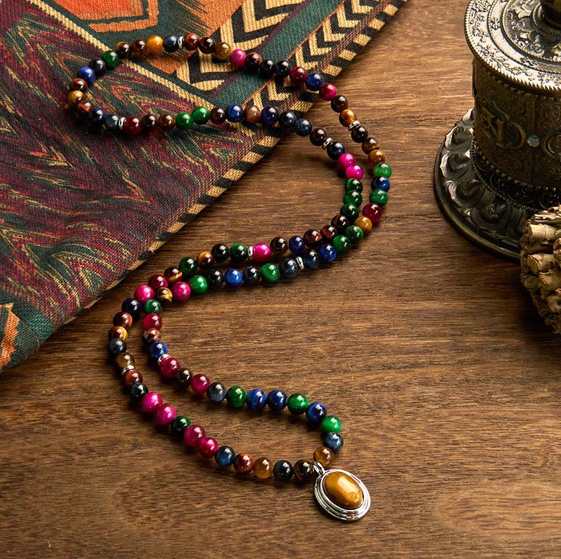 Wear FengShui 108 Mala Beads Natural Colorful Tiger Eye Stone Multi-turn Protection Bracelet