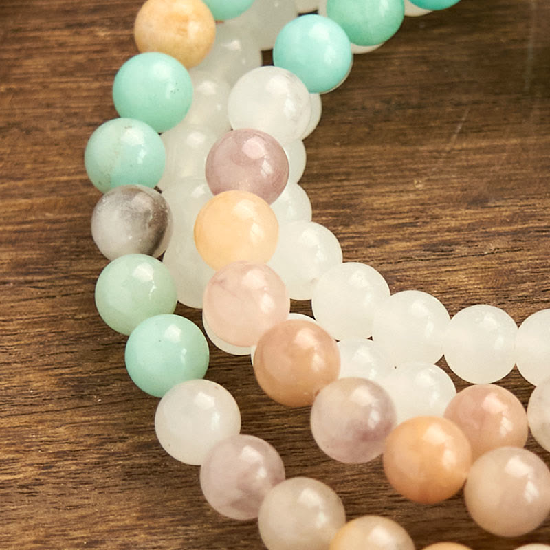 Wear FengShui 108 Mala Beads Natural White Jade Amazonite White Tassel Healing Bracelet