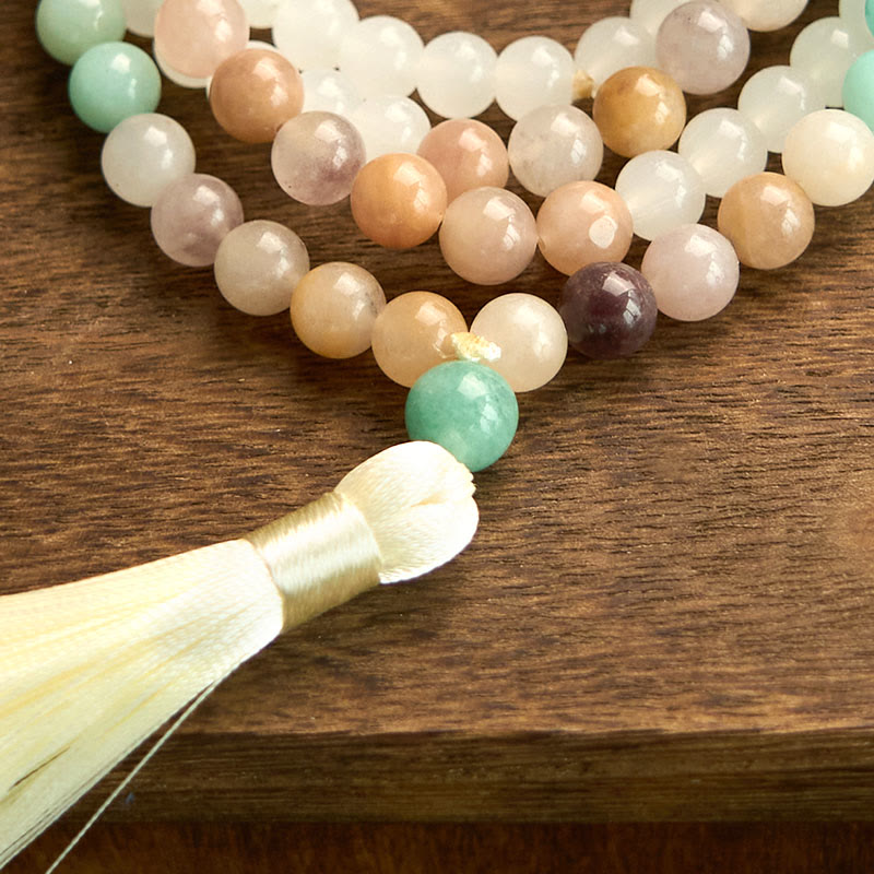 Wear FengShui 108 Mala Beads Natural White Jade Amazonite White Tassel Healing Bracelet