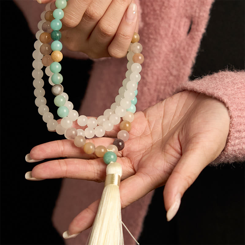 Wear FengShui 108 Mala Beads Natural White Jade Amazonite White Tassel Healing Bracelet