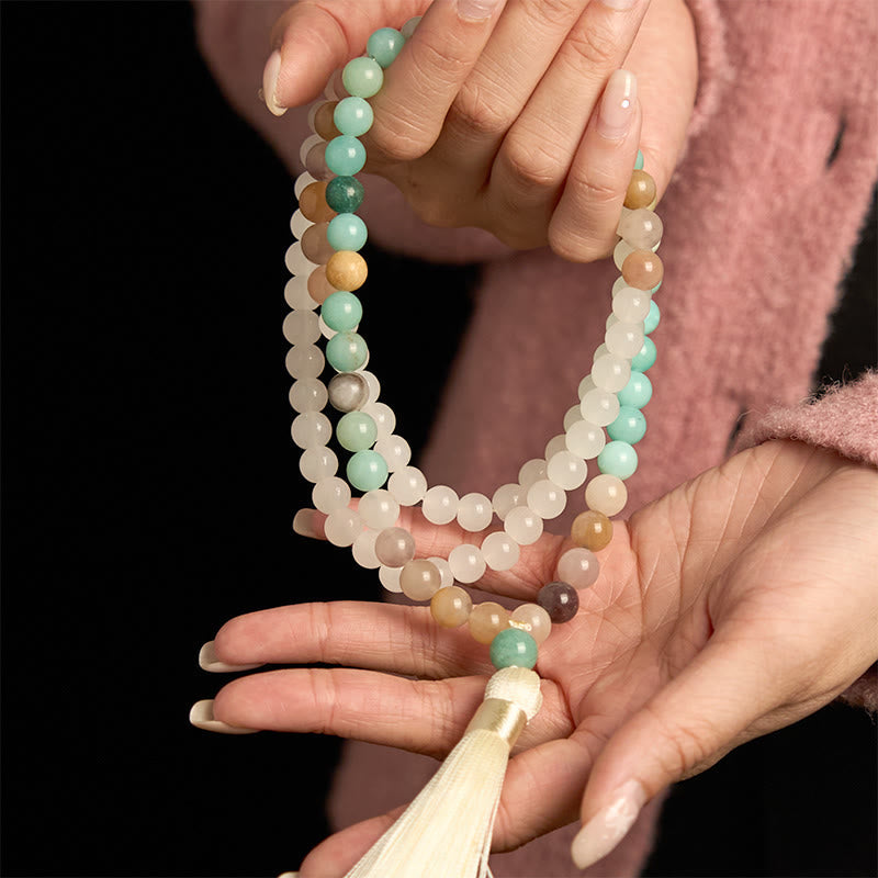 Wear FengShui 108 Mala Beads Natural White Jade Amazonite White Tassel Healing Bracelet