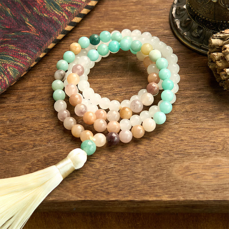 Wear FengShui 108 Mala Beads Natural White Jade Amazonite White Tassel Healing Bracelet