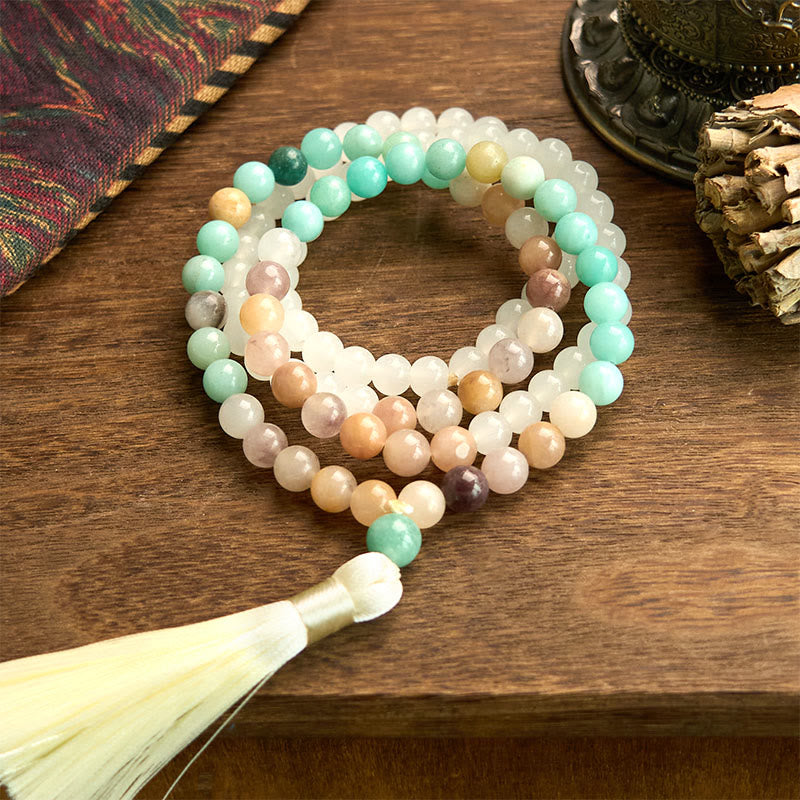 Wear FengShui 108 Mala Beads Natural White Jade Amazonite White Tassel Healing Bracelet