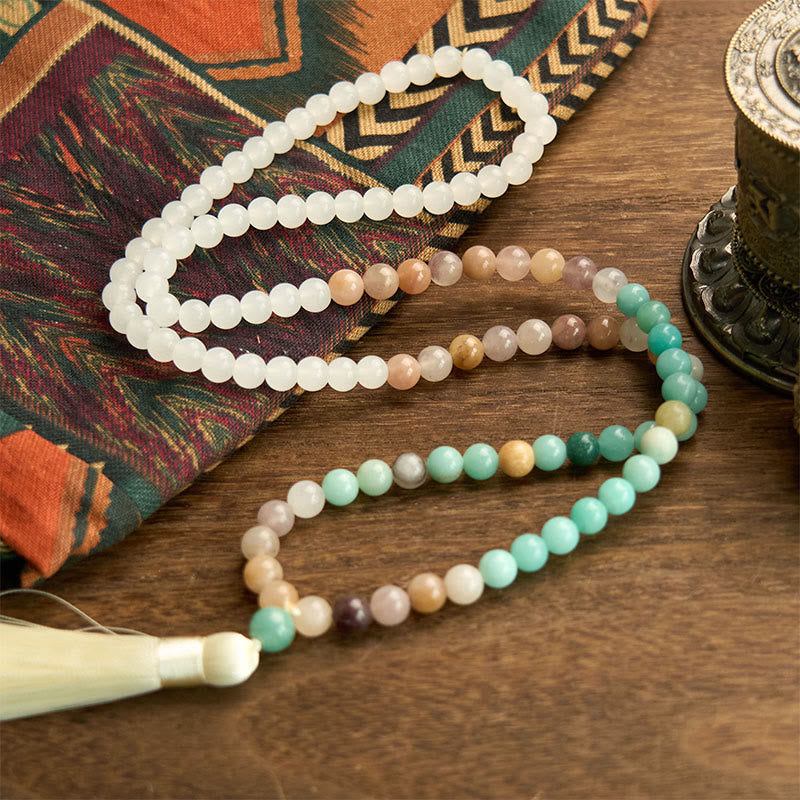 Wear FengShui 108 Mala Beads Natural White Jade Amazonite White Tassel Healing Bracelet