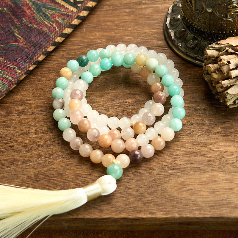 Wear FengShui 108 Mala Beads Natural White Jade Amazonite White Tassel Healing Bracelet