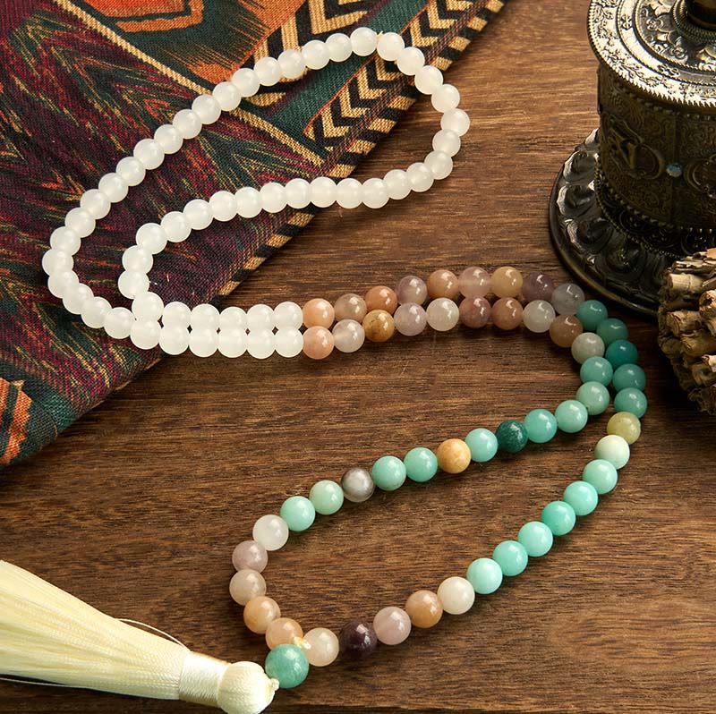 Wear FengShui 108 Mala Beads Natural White Jade Amazonite White Tassel Healing Bracelet