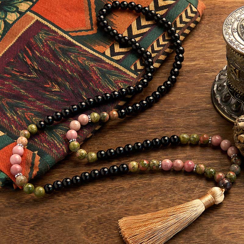 Wear FengShui 108 Mala Beads Black Jasper Rhodonite Khaki Tassel Healing Bracelet