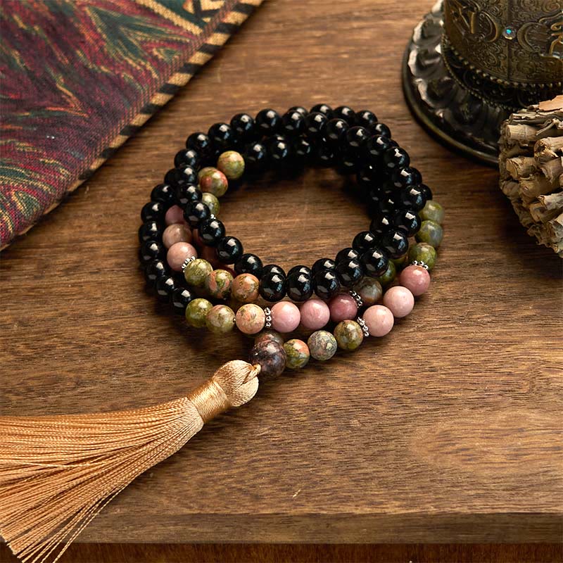Wear FengShui 108 Mala Beads Black Jasper Rhodonite Khaki Tassel Healing Bracelet
