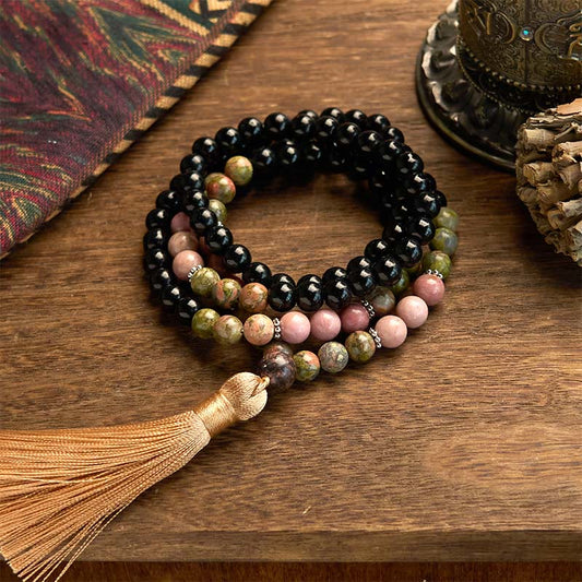 Wear FengShui 108 Mala Beads Black Jasper Rhodonite Khaki Tassel Healing Bracelet