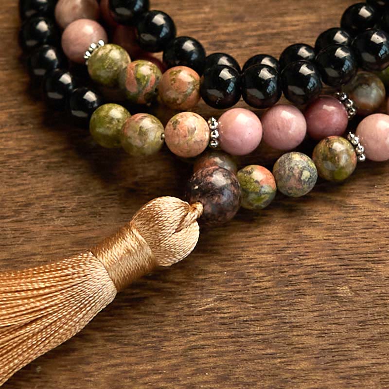 Wear FengShui 108 Mala Beads Black Jasper Rhodonite Khaki Tassel Healing Bracelet