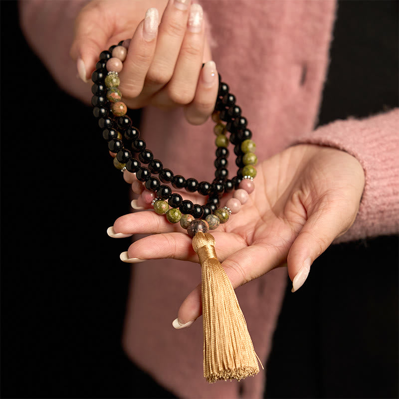 Wear FengShui 108 Mala Beads Black Jasper Rhodonite Khaki Tassel Healing Bracelet
