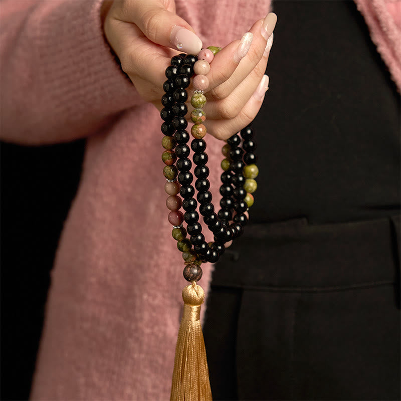 Wear FengShui 108 Mala Beads Black Jasper Rhodonite Khaki Tassel Healing Bracelet