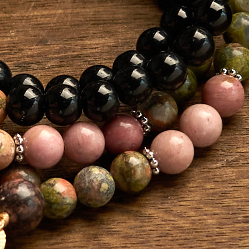 Wear FengShui 108 Mala Beads Black Jasper Rhodonite Khaki Tassel Healing Bracelet