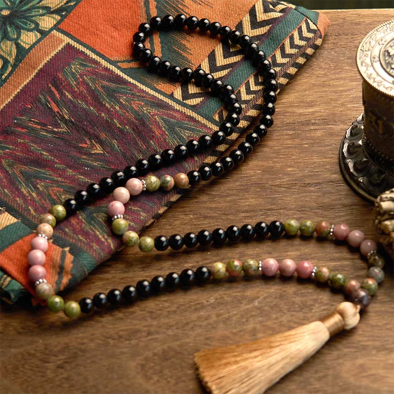Wear FengShui 108 Mala Beads Black Jasper Rhodonite Khaki Tassel Healing Bracelet