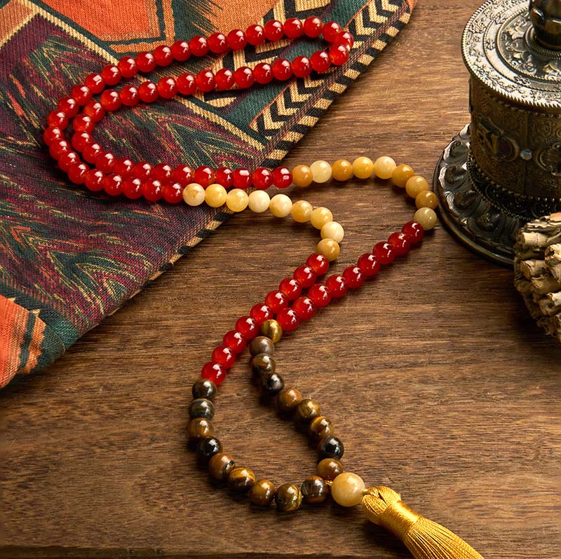 Wear FengShui 108 Mala Beads Red Agate Tiger Eye Yellow Tassel Calm Bracelet