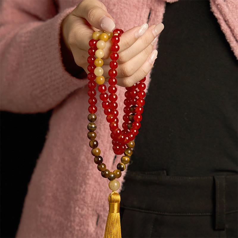 Wear FengShui 108 Mala Beads Red Agate Tiger Eye Yellow Tassel Calm Bracelet