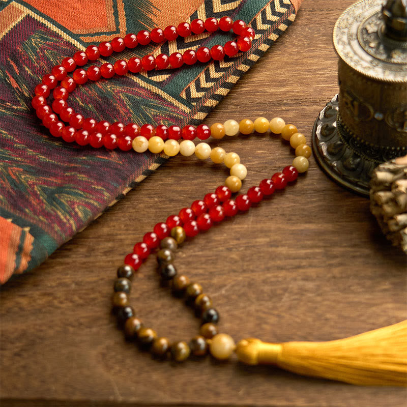 Wear FengShui 108 Mala Beads Red Agate Tiger Eye Yellow Tassel Calm Bracelet