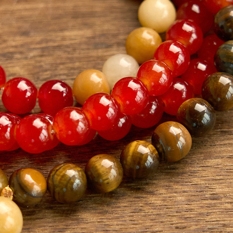 Wear FengShui 108 Mala Beads Red Agate Tiger Eye Yellow Tassel Calm Bracelet
