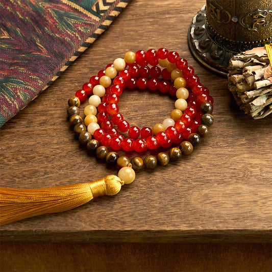 Wear FengShui 108 Mala Beads Red Agate Tiger Eye Yellow Tassel Calm Bracelet