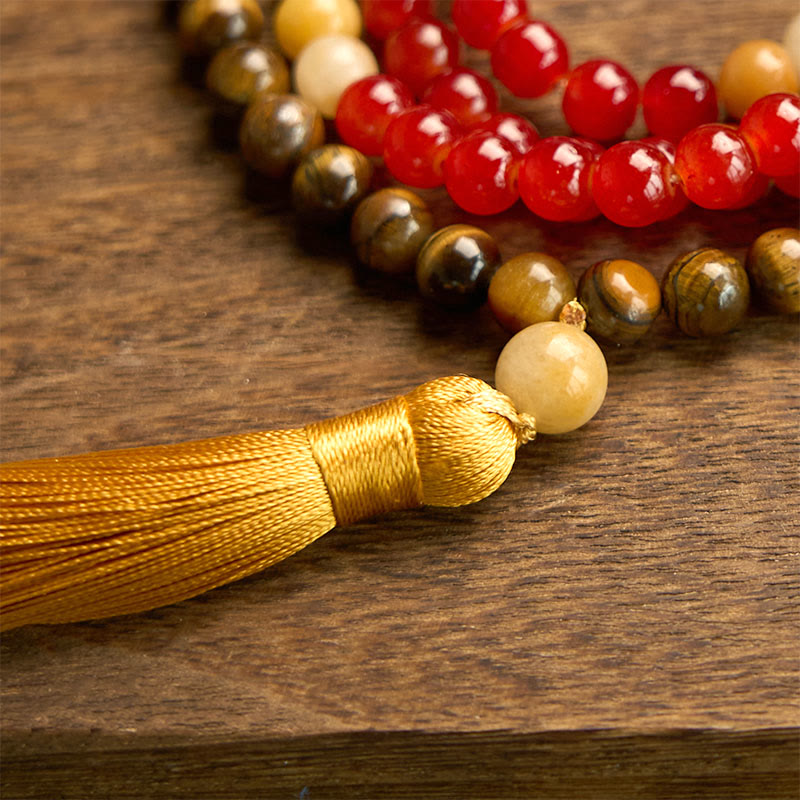 Wear FengShui 108 Mala Beads Red Agate Tiger Eye Yellow Tassel Calm Bracelet
