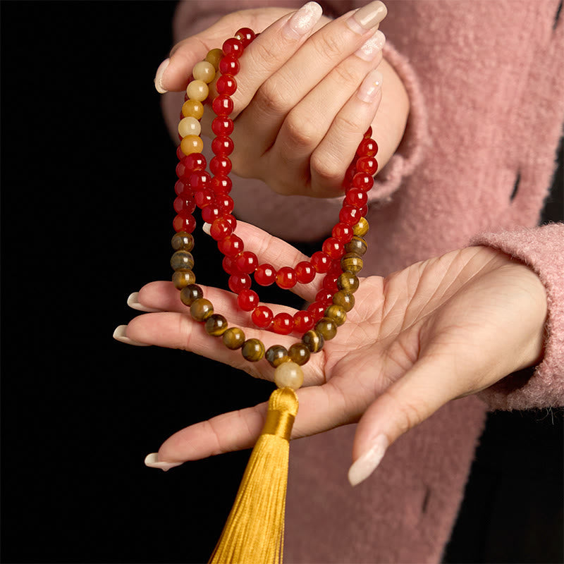 Wear FengShui 108 Mala Beads Red Agate Tiger Eye Yellow Tassel Calm Bracelet