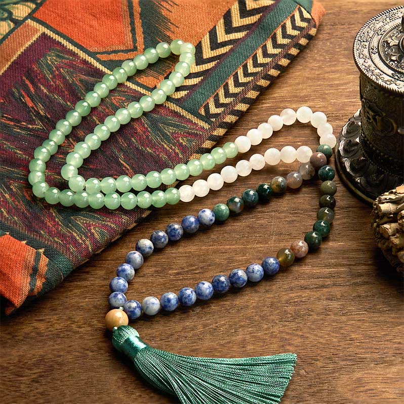 Wear FengShui 108 Mala Beads Natural Green Aventurine Blue Spot Jasper Indian Agate Green Tassel Luck Bracelet