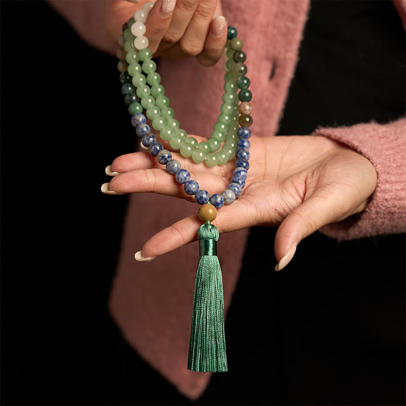 Wear FengShui 108 Mala Beads Natural Green Aventurine Blue Spot Jasper Indian Agate Green Tassel Luck Bracelet