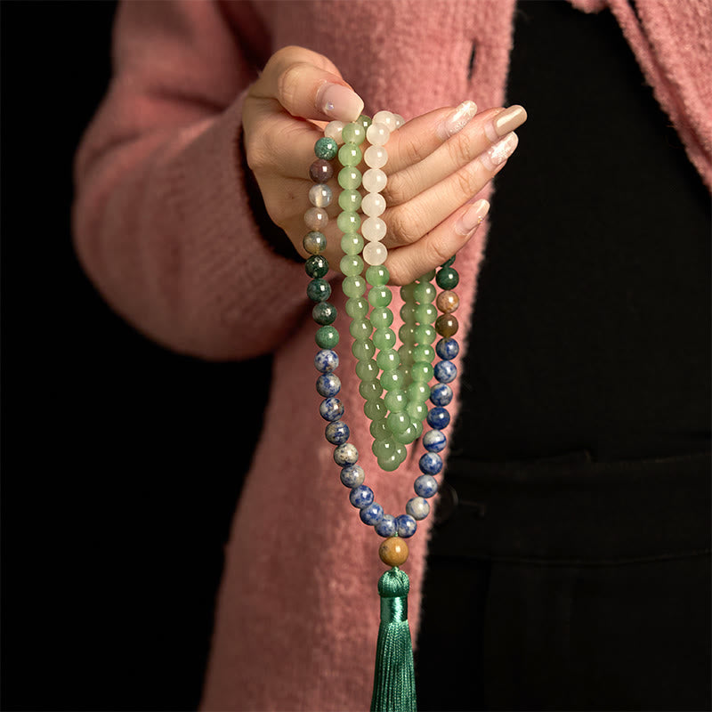 Wear FengShui 108 Mala Beads Natural Green Aventurine Blue Spot Jasper Indian Agate Green Tassel Luck Bracelet