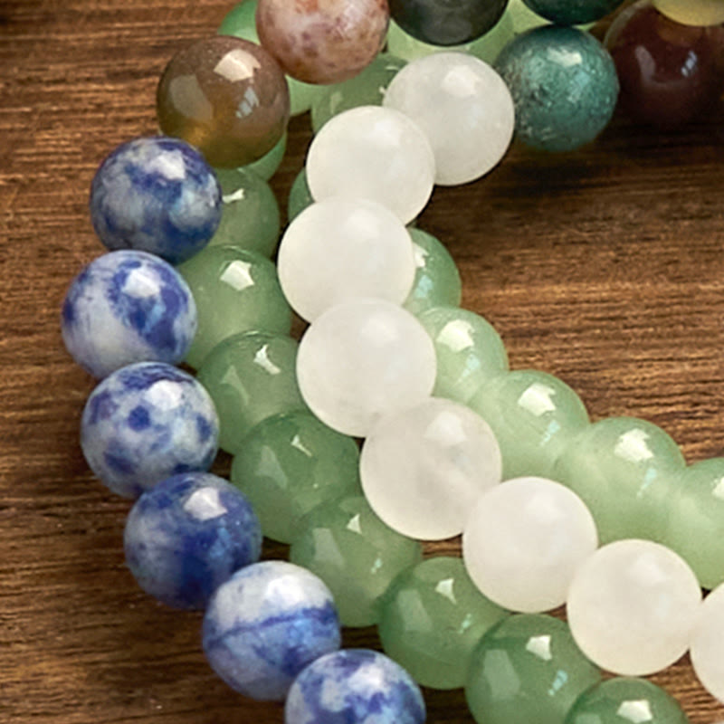 Wear FengShui 108 Mala Beads Natural Green Aventurine Blue Spot Jasper Indian Agate Green Tassel Luck Bracelet