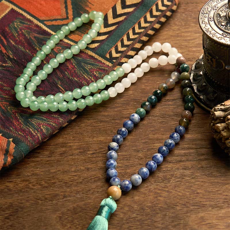Wear FengShui 108 Mala Beads Natural Green Aventurine Blue Spot Jasper Indian Agate Green Tassel Luck Bracelet