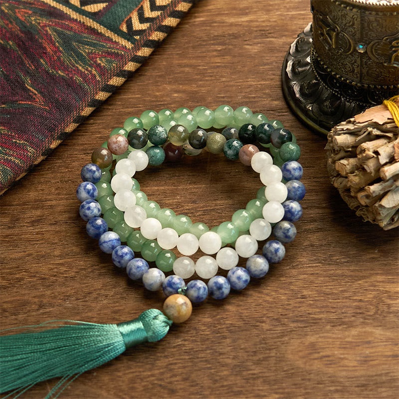 Wear FengShui 108 Mala Beads Natural Green Aventurine Blue Spot Jasper Indian Agate Green Tassel Luck Bracelet