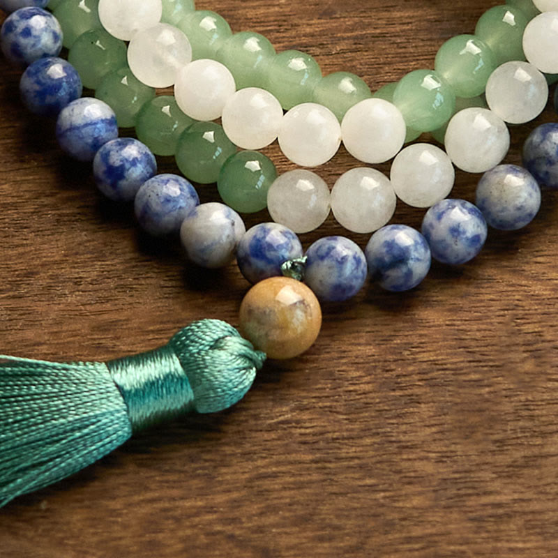 Wear FengShui 108 Mala Beads Natural Green Aventurine Blue Spot Jasper Indian Agate Green Tassel Luck Bracelet