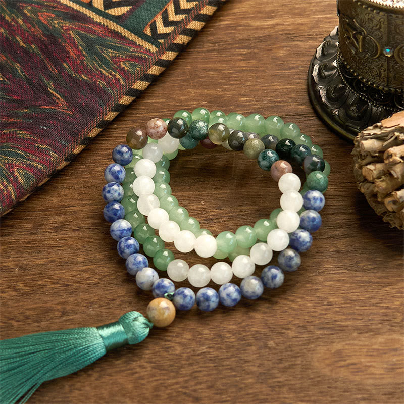 Wear FengShui 108 Mala Beads Natural Green Aventurine Blue Spot Jasper Indian Agate Green Tassel Luck Bracelet