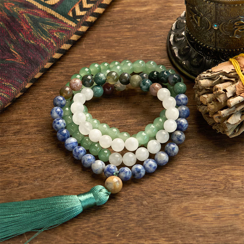 Wear FengShui 108 Mala Beads Natural Green Aventurine Blue Spot Jasper Indian Agate Green Tassel Luck Bracelet