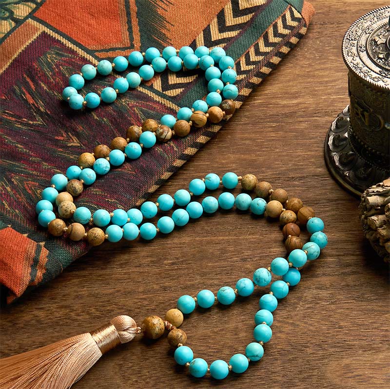 Wear FengShui 108 Mala Beads Turquoise Picture Jasper Bead Tassel Balance Bracelet