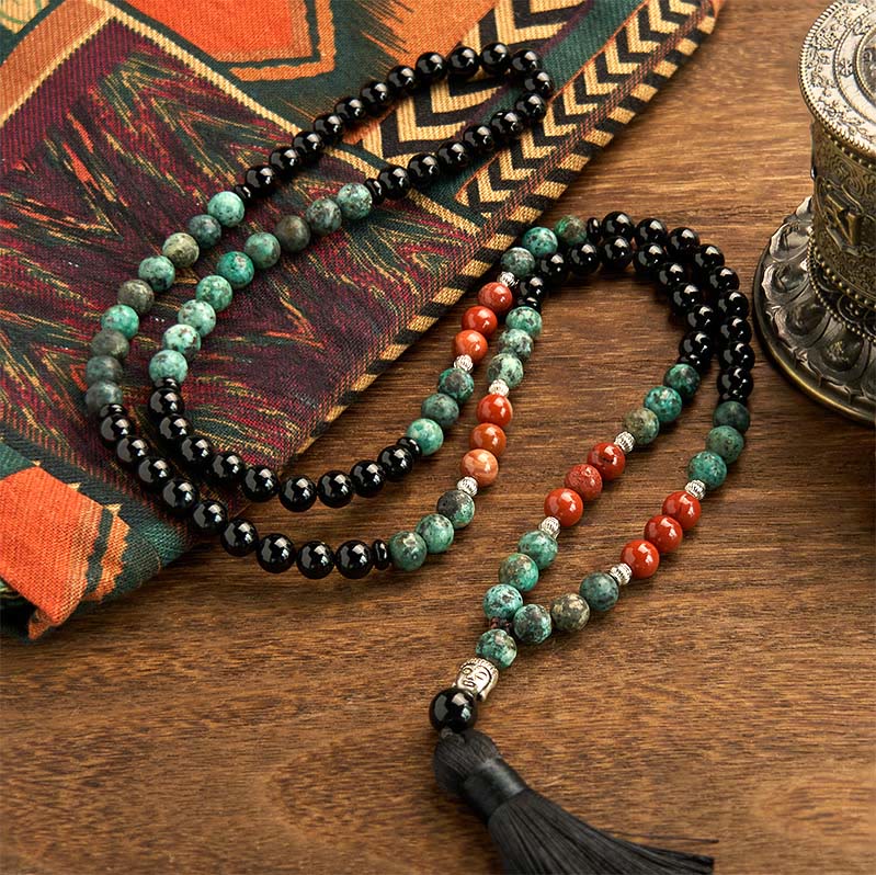 Wear FengShui 108 Mala Natural Black Onyx Red Jasper Turquoise Beads Buddha Head Tassel Protection Bracelet