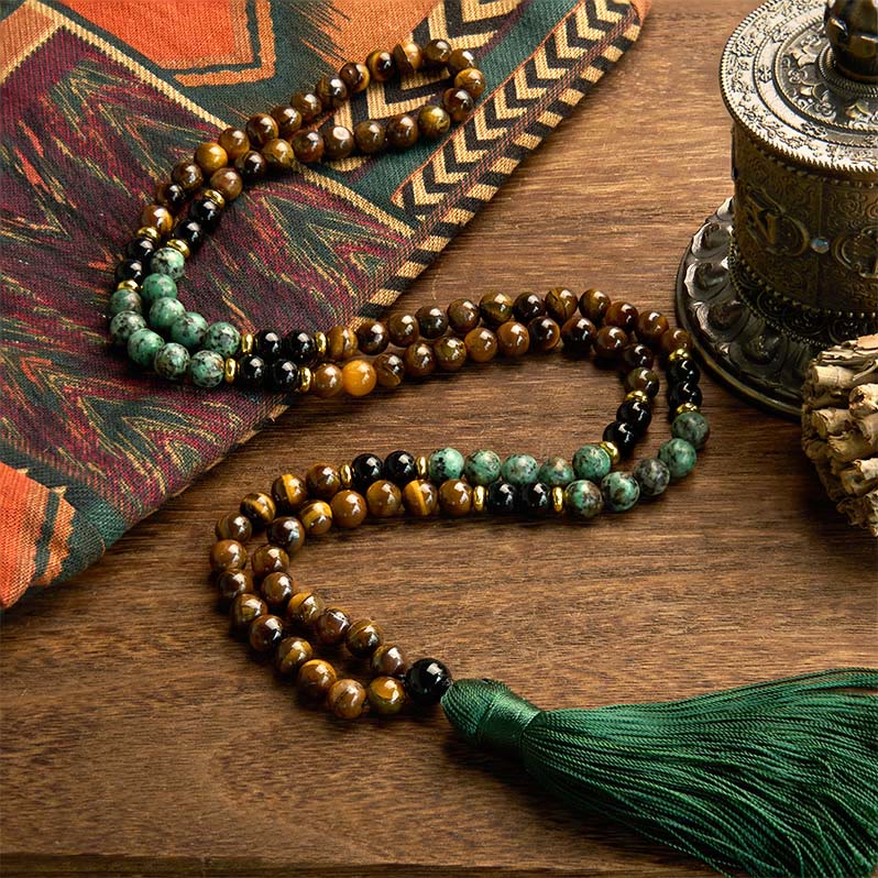 Wear FengShui 108 Mala Natural Stone Tiger Eye Turquoise Beads Tassel Protection Bracelet