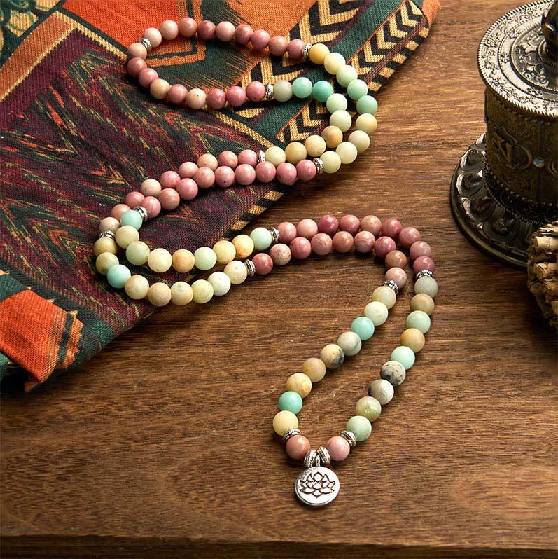 Wear FengShui 108 Mala Rhodonite Amazonite Beads Lotus Compassion Bracelet