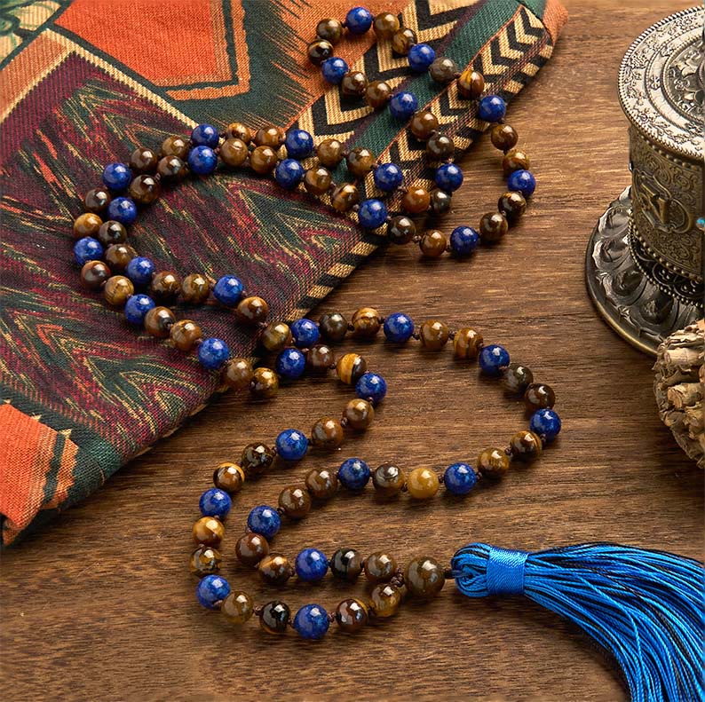 Wear FengShui 108 Beads Natural Stone Tiger Eye Lazurite Lapis Lazuli Mala Tassel Protection Bracelet