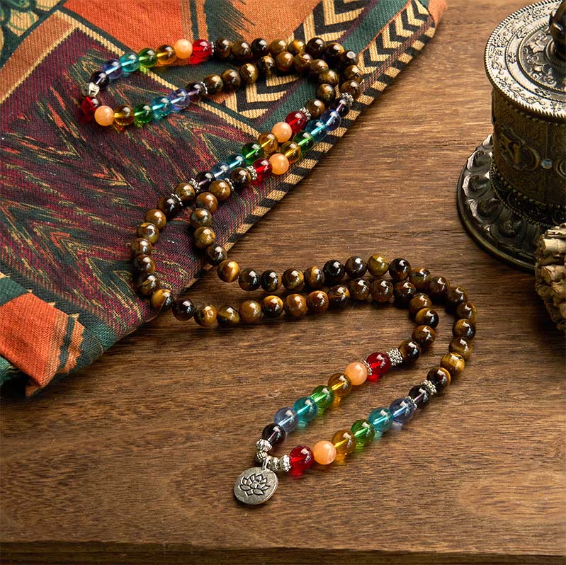 Wear FengShui 108 Mala Beads Natural Stone Tiger Eye Colored Beads Lotus Protection Bracelet