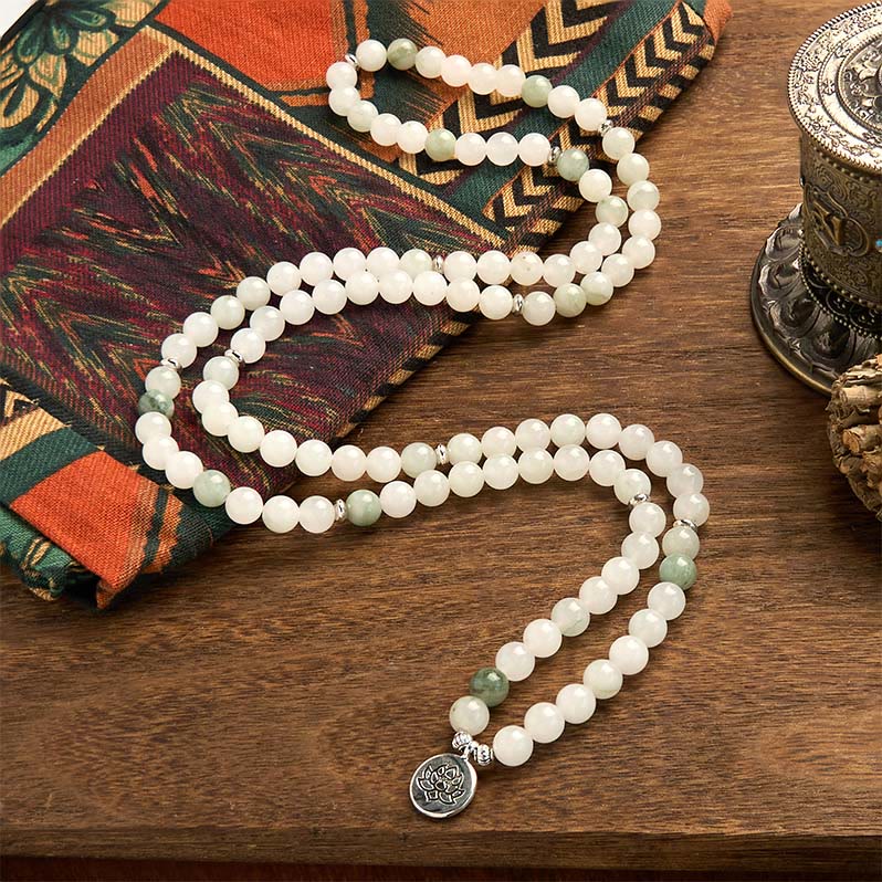Wear FengShui 108 Mala Beads Natural Tianshan Jade Lotus Luck Bracelet