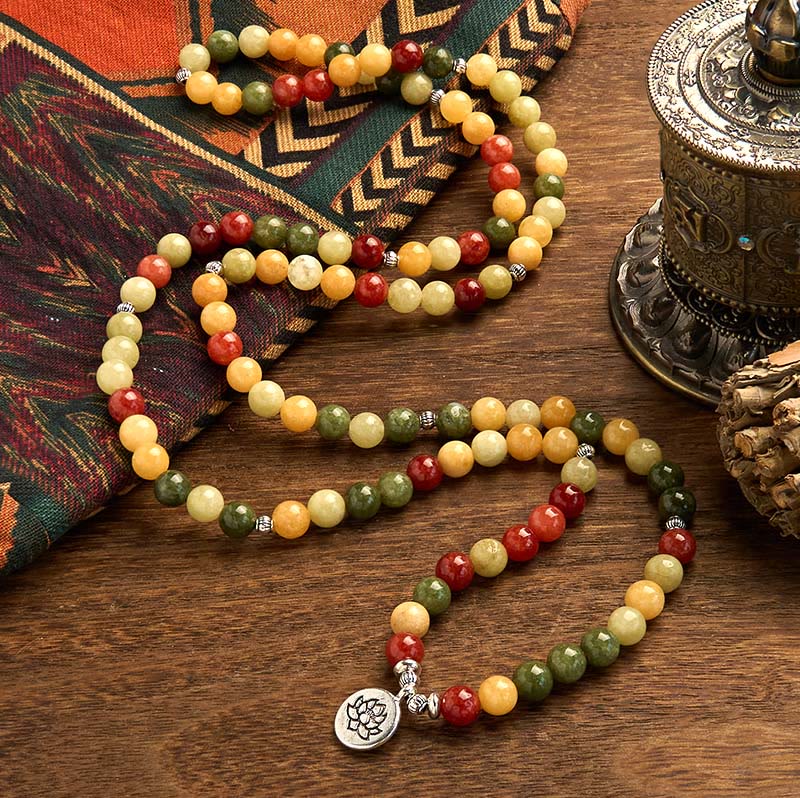 Wear FengShui 108 Mala Beads Natural Colored Stone Topaz Red Jasper Green Jasper Lotus Protection Bracelet