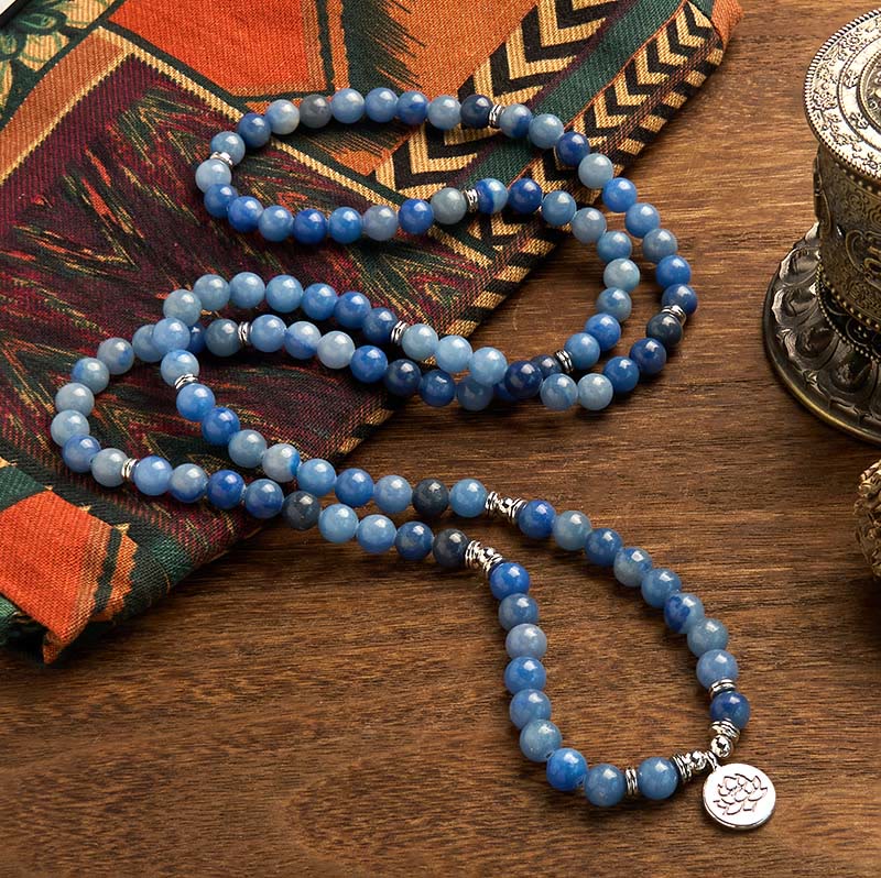 Wear FengShui 108 Mala Beads Multi-layer Natural Blue Aventurine Lotus Calm Bracelet