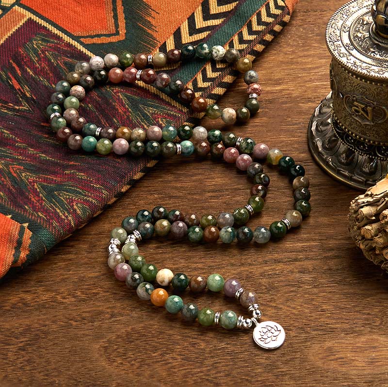 Wear FengShui 108 Mala Beads Natural Stone Indian Agate Lotus Calm Bracelet