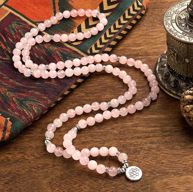 Wear FengShui 108 Mala Beads Natural Stone Rose Quartz Lotus Peace Bracelet
