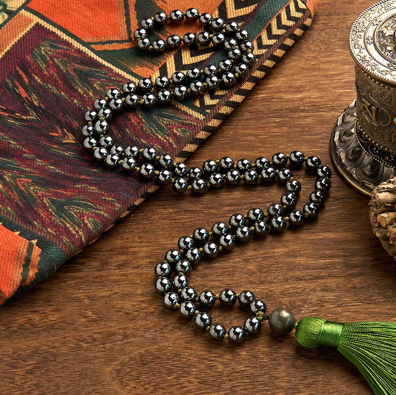Wear FengShui 108 Mala Beads Natural Stone Hematite Tassel Powerful Bracelet