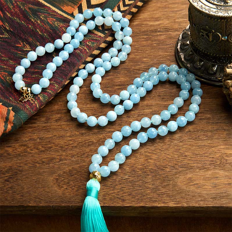 Wear FengShui 108 Mala Beads Natural Stone Aquamarine Tassel Lotus Healing Bracelet