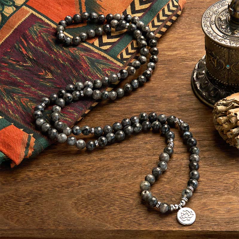 Wear FengShui 108 Mala Beads Multi-layer Natural Black Glitter Stone Lotus Positivity Bracelet